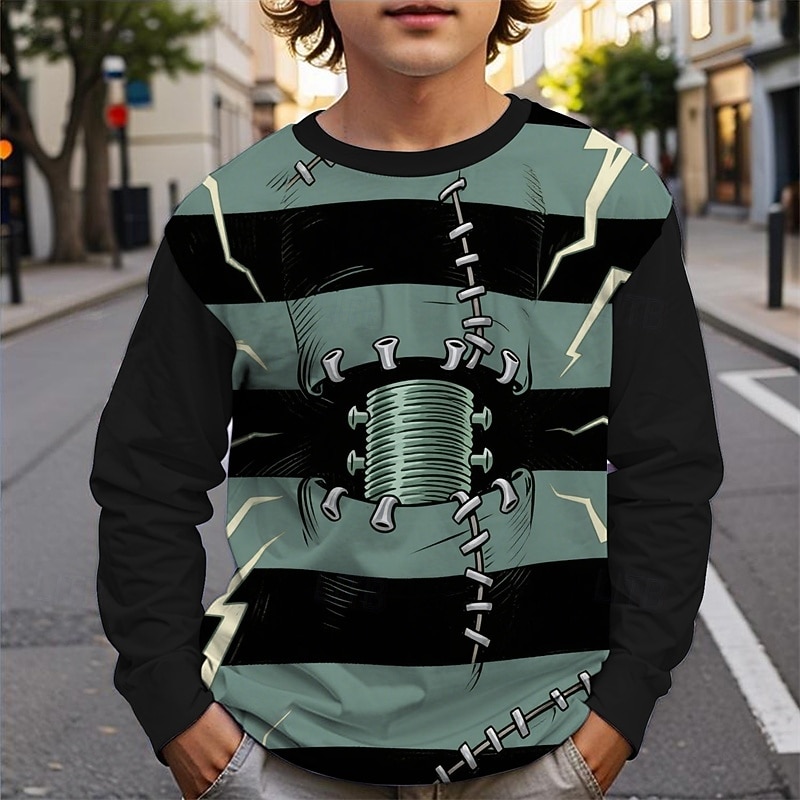 Halloween Pojkar 3D Tecknat Rand T-shirt Långärmad Vår Höst Mode Grundläggande Barn 4-12 år Rund hals Utomhus Ledigt Dagligen Normal 2025 - $13.99 –P2