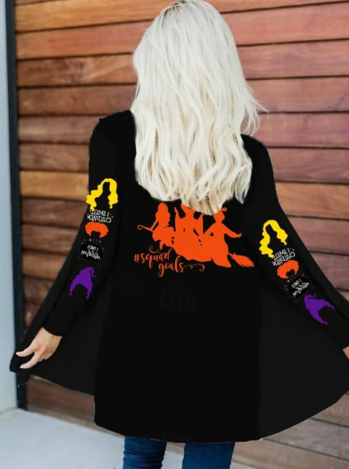 Dame Frakk Lettvekt Bekvem Trykt mønster Åpen Forside Årgang Kunstnerisk Fritid Halloween Hodeskaller Avslappet Lang Krageløs Løstsittende Langermet Yttertøy Svart Hvit Rød Vår Høst 2025 - $23.99 –P2