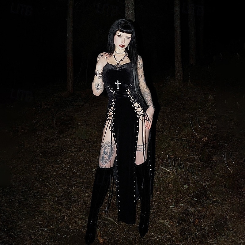 Gótico Maxi Vestidos Sin Mangas Bruja Vampiros Acordonado Terciopelo correa de espagueti Cruz Disfraz Mujer Fantasía Víspera de Todos los Santos Carnaval Rendimiento Fiesta Adultos Vestido 2026 - $35.99 –P14