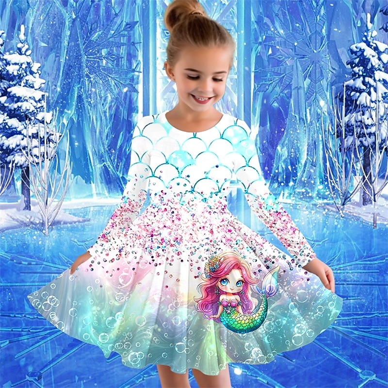 Flickor 3D Sjöjungfru Klänning Långärmad Sommar Vår Semester Dagligen Helgdag Prinsessa Skön Ljuv Barn 4-12 år Vardagsklänning A linjeklänning Knälång Normal 2025 - $16.99 –P1