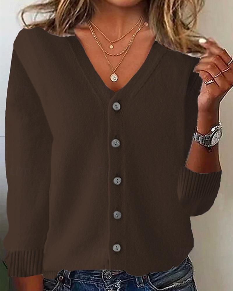Per donna Felpa Cardigan Moda Streetwear Quotidiano Tinta unica A Coste Scollo a V Lavorato a maglia Manica Lunga Top Regolari Maglia Ferie Uscire Weekend Nero Bianco Autunno Inverno del 2025 a $9.99 –P10