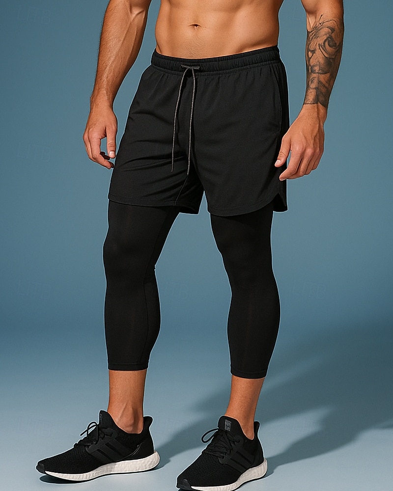 Муж. Компрессионные штаны Лосины для бега 2 в 1 Завышенная Нижняя часть Одежда для спорта и отдыха Для спортивного зала Тренировка Осень Быстровысыхающий Дышащий 2025 - $17.99 –P1