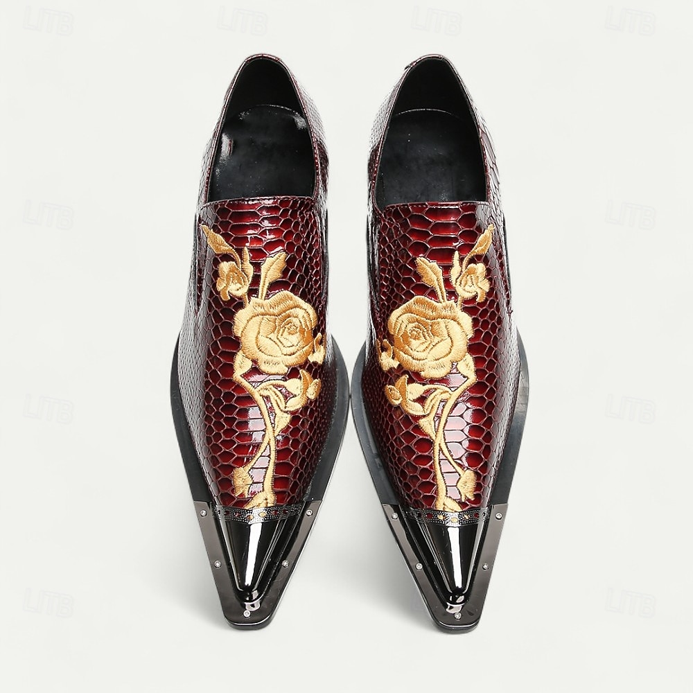 Men's Burgundy Crocodile Pattern Leather Dress Shoes, Luxury Pointed Toe Loafers with Floral Embroidery for Weddings, Parties and Formal Occasions 2026 - AU $159.99 –P4