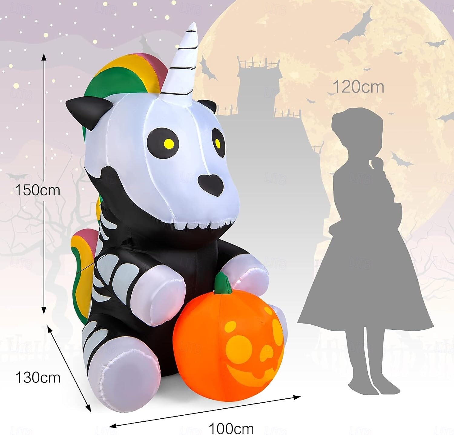 1 db 1,5 m-es halloweeni felfújható légmodell ülő csontváz unikornis led világító felfújható fólia udvari dekorációs dísz 2025 - $63.99 –P8