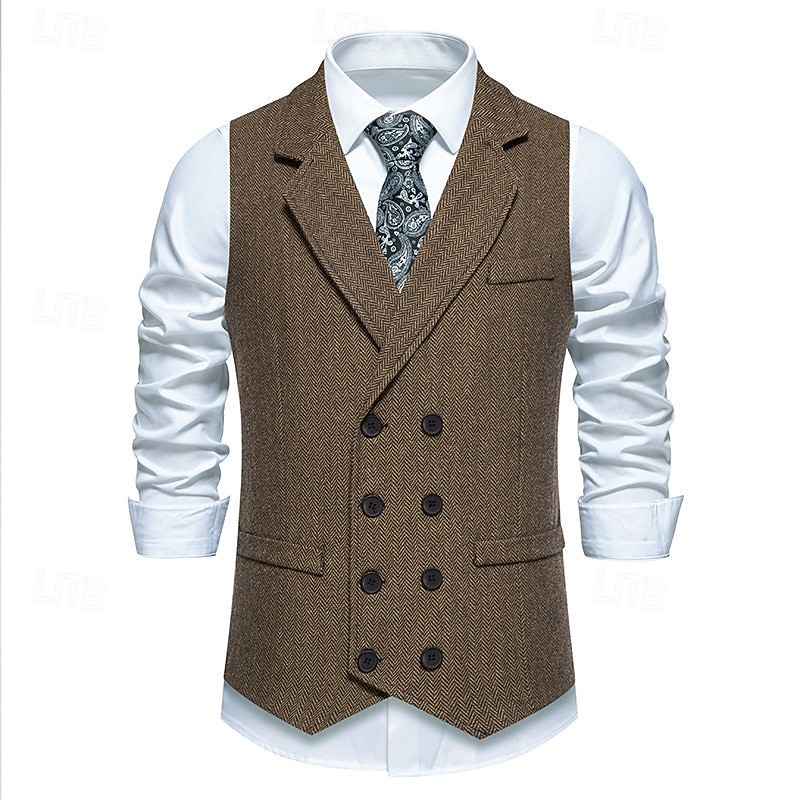 Herre سترة Veste Feriereise Daglig Bryllupsfest Stevnemøte Årgang Mote Vår Høst Lomme Knapper Polyester Tweed Bekvem عادي Fiskebein Dobbeltkneppet Hakkjakkeslag Normal Burgunder kaffe Grå Vest 2025 - $35.99 –P4