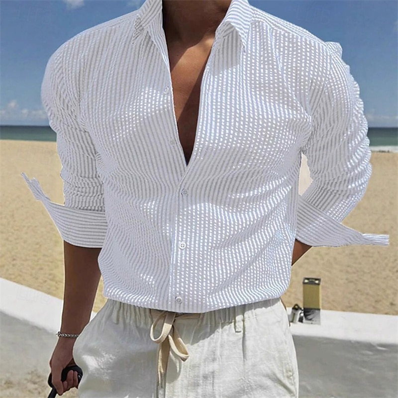 Men's Shirt Summer Shirt Casual Shirt Beach Shirt Button Up Shirt White Long Sleeve Stripe Lapel Streetwear Vacation Clothing Apparel Polyester Fashion Casual Comfortable 2026 - $26.99 –P2