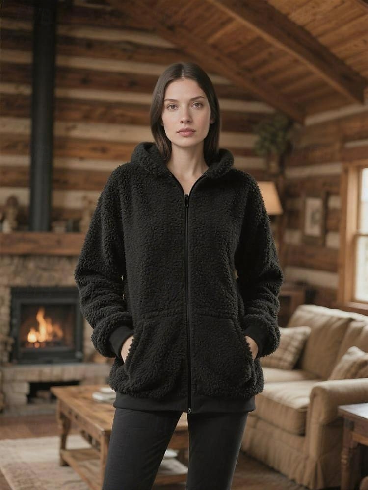 Dámské Fleecová bunda Mikina s kapucí Zahřívací Pohodlné Zip Kapsy Elegantní Módní Venkovní Pevná barva Jdeme ven Běžné / Denní Víkend Zip Standardní Kapuce Běžný Dlouhý rukáv Svrchní oděvy Čern 2025 - $22.99 –P1