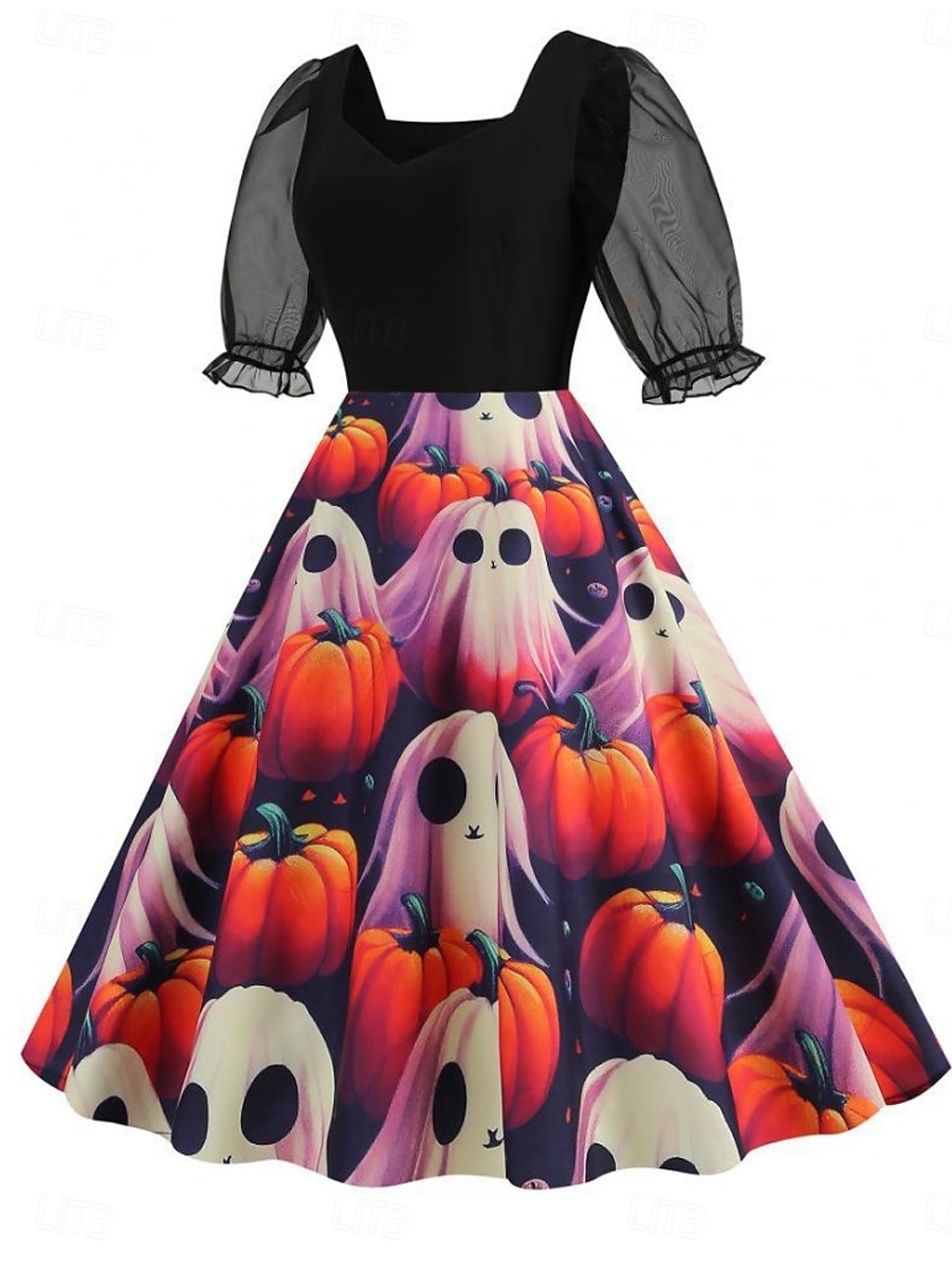 Halloween Naisten Midimekko A linjainen mekko Vapaa-aika Päivittäin Pyhäpäivä Normaali Kurpitsa hämähäkinverkko Lyhythihainen Nelikulmainen kaula-aukko Musta Keltainen Purppura Kesä Kevät Syksy 2025 - $24.99 –P12