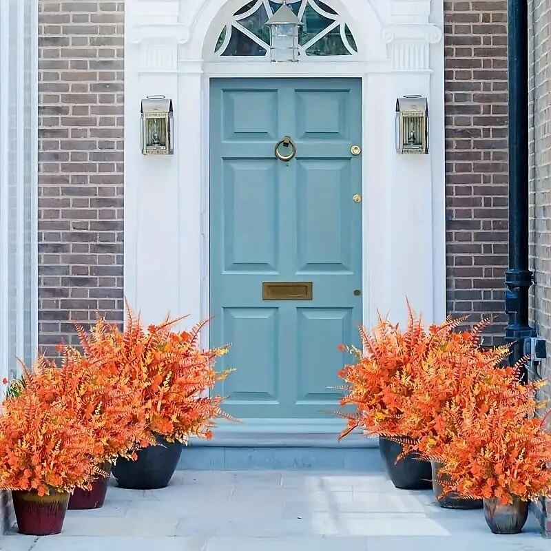 6 связок искусственных осенних цветов, устойчивых к ультрафиолетовому излучению, искусственные растения оранжевого, желтого, коричневого и красного цветов, прочный пластиковый осенний букет для декора 2026 - $17.99 –P5