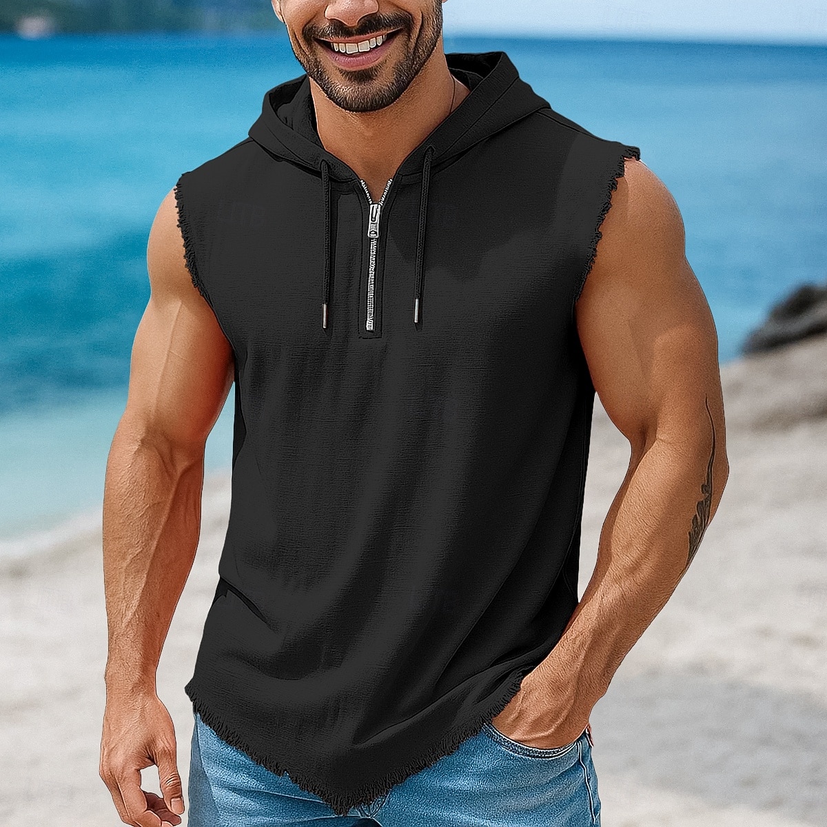 Bărbați Cămașă de in Bluză Vestă Sub Cămașă Fără manșon Capișon Vară Simplu Modă Clasic Modern Quarter Zip Casual Sală de Fitness Stradă Kaki Top tricou pentru bărbați 2026 - $20.99 –P5