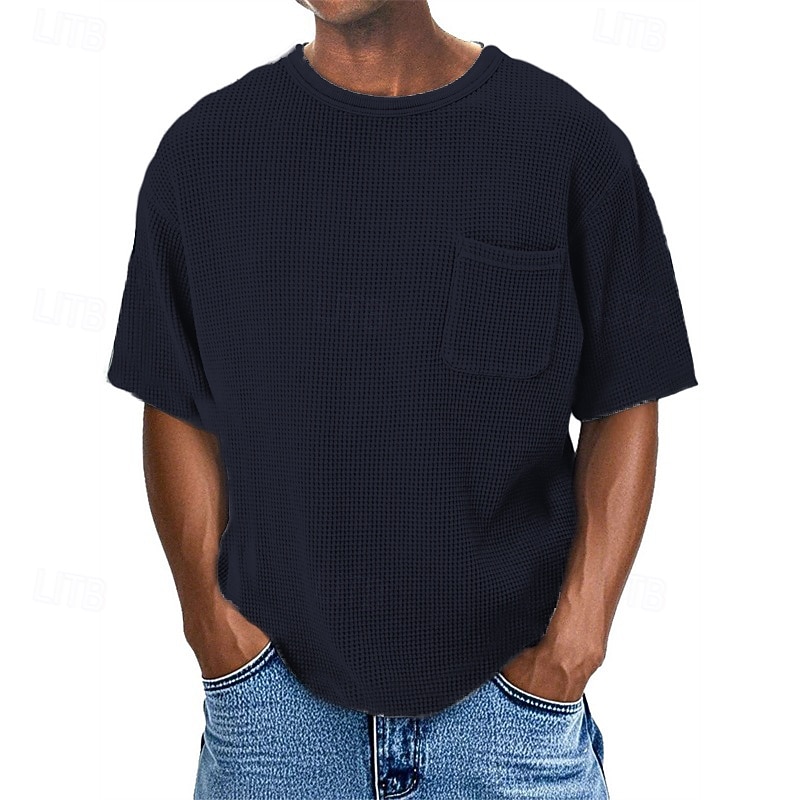 2025年 男性用 ワッフルTシャツ Tシャツ 半袖シャツ ティートップ 半袖 クルーネック 夏 平織り ファッション デザイナー ベーシック ポケット バケーション ストリート お出かけ ブルー ネイビーブルー パープル メンズトップTシャツ  コレクション – $18.49 –P5