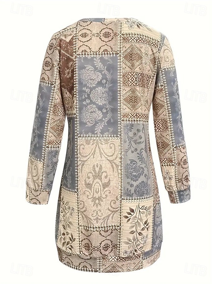 Damen Minikleid Shiftkleid Urlaub Lässig Geburtstag Täglich Date Normale Passform Blumen Grafik Gestreift Langarm Rundhalsausschnitt Leicht Braun Herbst Winter 2025 - $27.99 –P3