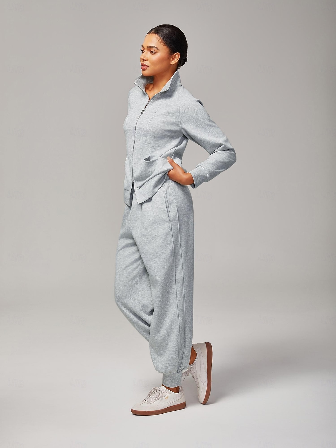 Jachetă tricotată elastică gri melanj pentru femei, guler înalt, buzunare duble cu fermoar, elegantă, confortabilă, din bumbac, casual, pentru lucru zilnic, versatilă, toamnă 2025 - $72.99 –P4