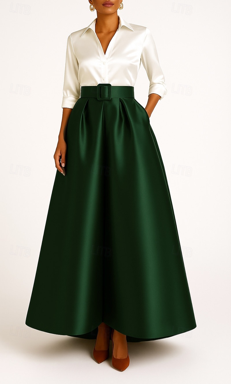 abito da sera a trapezio bianco e nero elegante abito formale da sposa lungo fino al pavimento manica a 3/4 colletto camicia in raso elasticizzato con pieghe 2025 del 2025 a $149.99 –P4