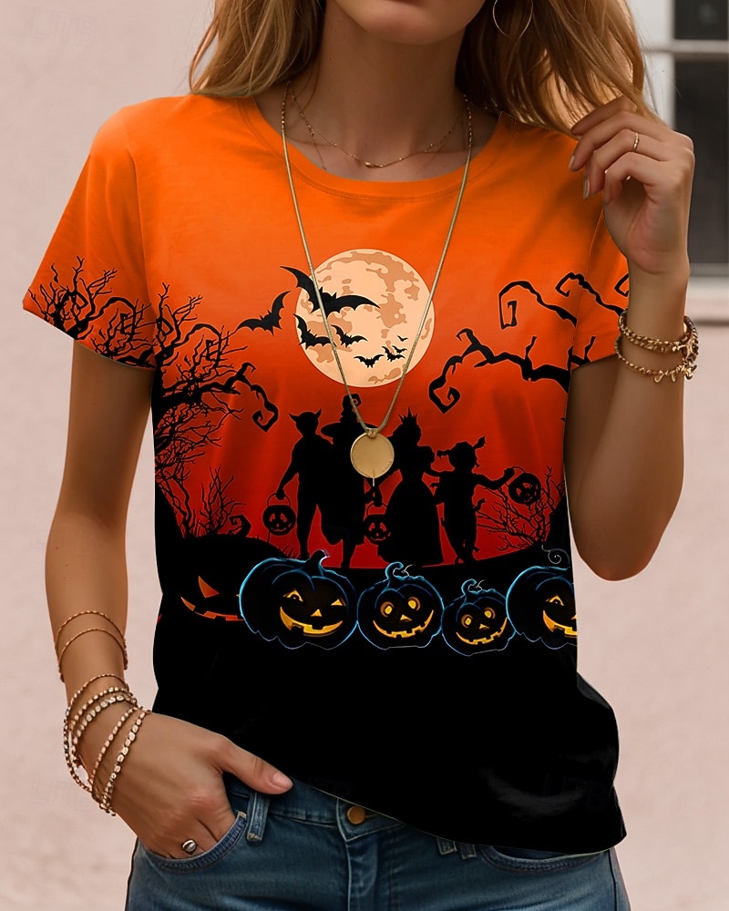 Halloween Damen T Shirt Grafik Schädel Halloween Vintage Stilvoll Klassisch Kurzarm Rundhalsausschnitt Normale Oberteile Täglich Wochenende Druck Schwarz Rote Leicht Braun Blau Orange Herbst Winter 2025 - $22.99 –P2