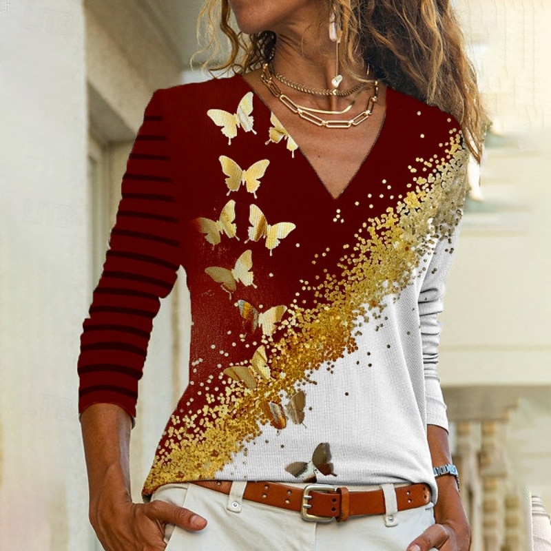 Femmes Chemisier Imprimé Papillon Élégant Moderne manche longue Col en V Hauts Réguliers Fête Sortir Bleu Noir Rouge Vert Automne de 2026 ? $23.99 –P2