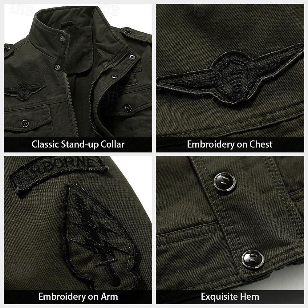 Giacca militare da uomo in cotone ricamato, antivento, con spalline, manica lunga, collo alto, multitasche, giacca da camionista, stampa bandiera americana, capospalla tattico del 2025 a $49.99 –P5