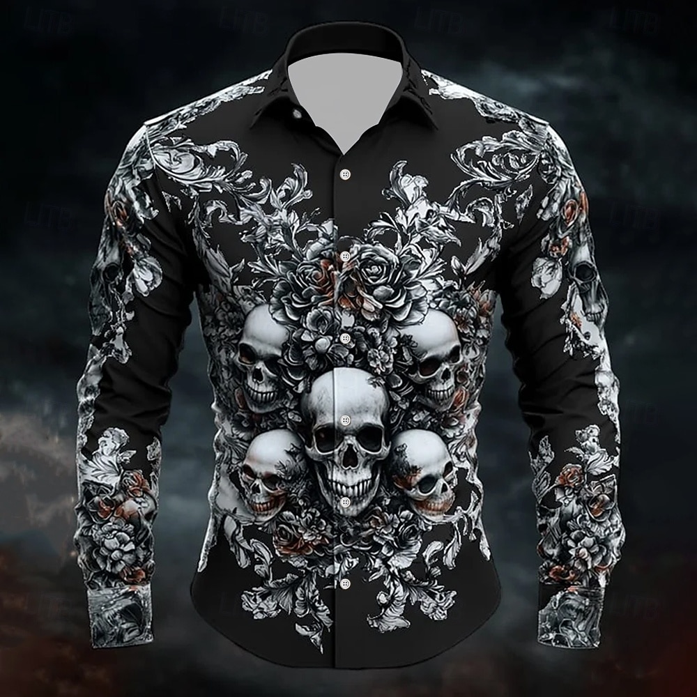Herren Schädel Halloween Kostüme Tag der Toten Hemd Knopfhemd Lässiges Hemd Langarm Dunkler Gothic-Stil Ferien Sommer Frühling Umlegekragen 3D-Druck Hemden mit Kragen Schwarz Weiß Dunkelblau 2026 - $27.99 –P2
