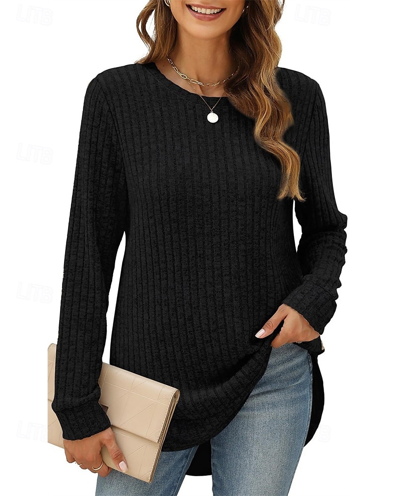 Damen Textur Bluse T Shirt T-Shirt Einfach Mode Modern Langarm Rundhalsausschnitt Normale Oberteile Täglich Ausgehen Asymmetrisch Schwarz Wein Fuchsie Braun Grün Frühling Herbst 2025 - $21.99 –P6