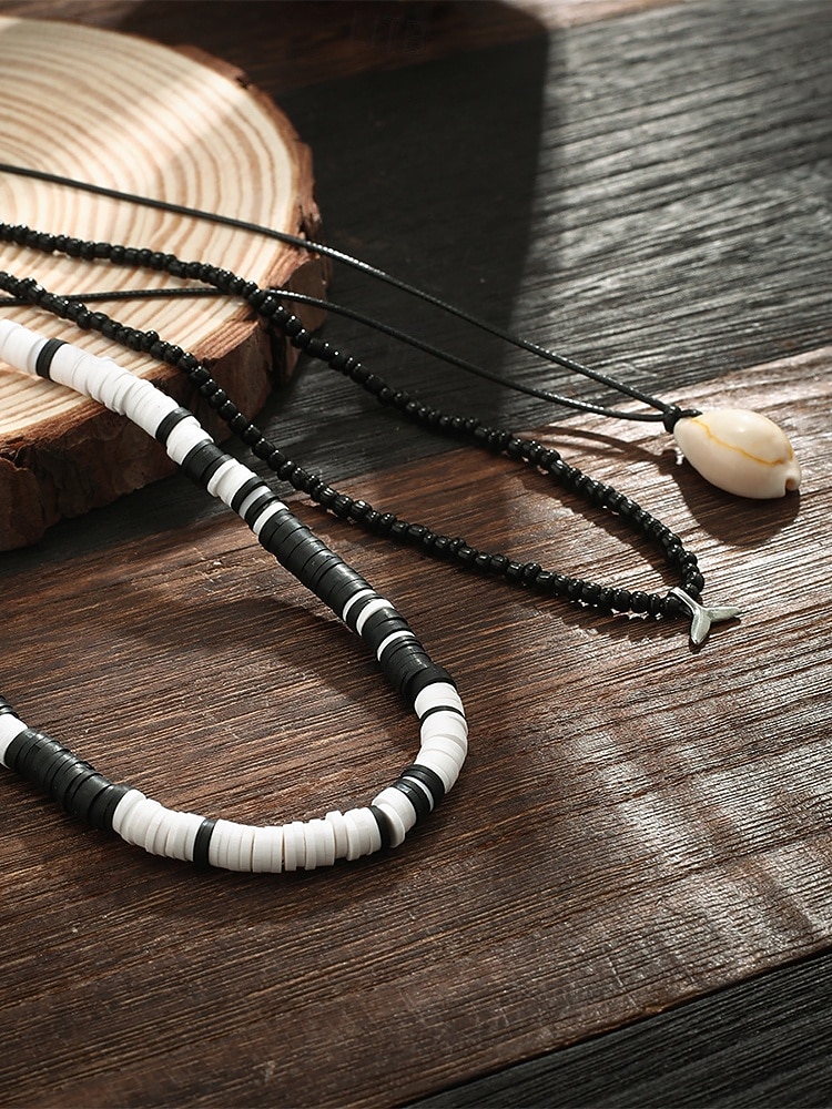 Мужской комплект из 3-х пляжных ожерелий: черные и белые бусины из смолы, подвеска из ракушек и цепочка из вощеной веревки — украшения в стиле серфера для лета, фестивалей и повседневных образов. 2026 - $11.99 –P4
