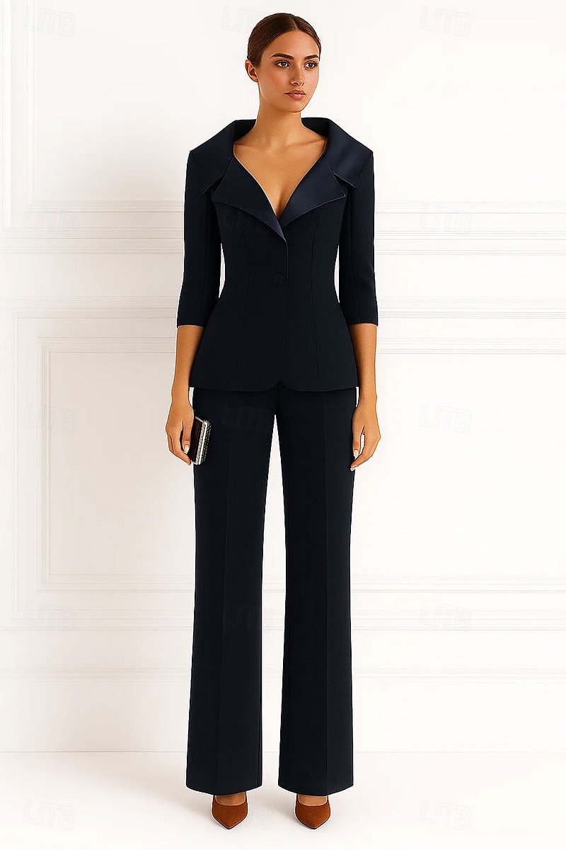 tuta due pezzi / tailleur pantalone tailleur pantalone abito da madre della sposa in crepe elasticizzato per invitata al matrimonio elegante semplice revers in raso lunghezza pavimento manica lunga del 2025 a $159.99 –P4