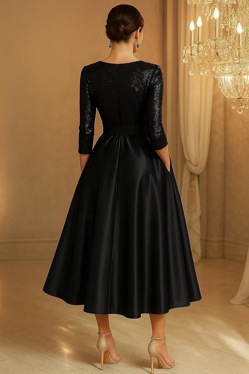 Svart slips A-linje paljett cocktailkjoler elegant kjole formell bryllup telang 3/4-ermet v-hals stretch sateng med sløyfe(r) 2025 2025 - $149.99 –P2