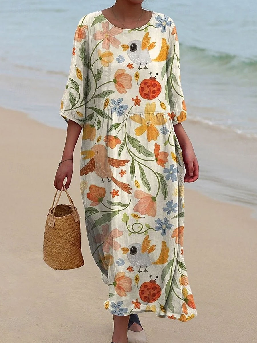 Damen Maxi Kleid Kaftan 3/4 Länge Ärmel Rundhalsausschnitt Lässiges Kleid A-Linie Kleid Boho Lockere Passform Florales Grafik V-Ausschnitt Weiß Gelb Hellgrün Grün Frühling Herbst 2025 - $16.99 –P1
