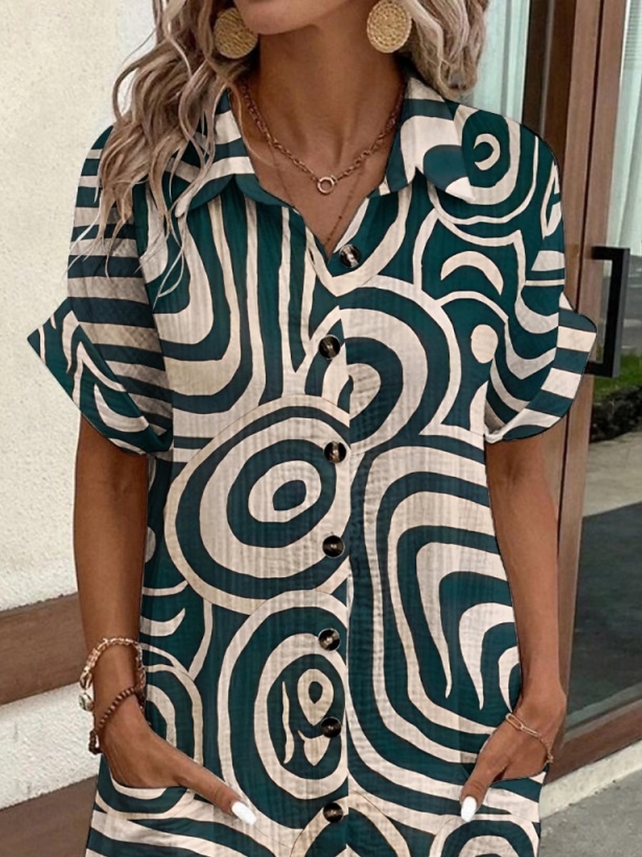 Mujer Mini vestido Vestido de Camisa Vestido informal Vestido Estampado Moda Moderno Diario Playa Fin de semana Ajuste regular Geométrico Manga Corta Cuello Camisero Verde Trébol Verano Primavera 2026 - $41.99 –P1