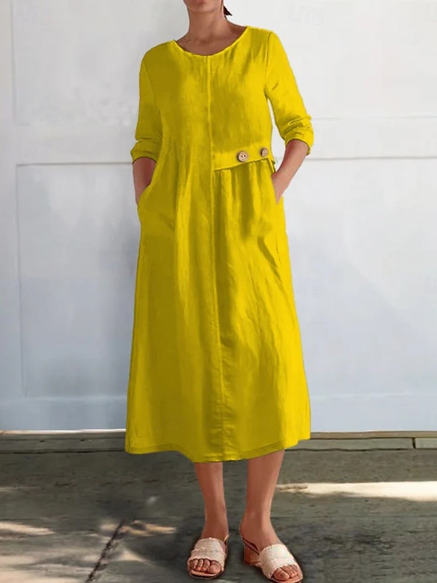 Femmes Robe Midi Robe Décontractée Robe en coton et lin Basique Moderne Quotidien Week-end Coupe régulière Uni Manche 3/4 Col ras du cou Noir Blanche Jaune Rouge Été Printemps Automne de 2025 ? $28.99 –P4