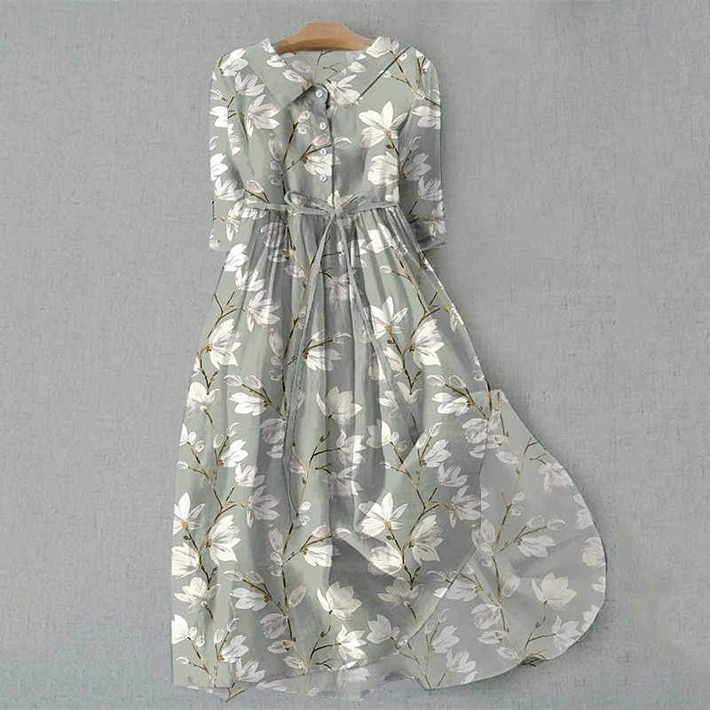 Damskie Sukienka midi Sukienka koszulowa Codzienne sukienki Moda Nowoczesny Codzienny Plaża Weekend Regularny Kwiat Rękaw 1/2 Kołnierzyk koszuli Biały Fioletowy Szary Lato Wiosna 2025 - $26.99 –P2