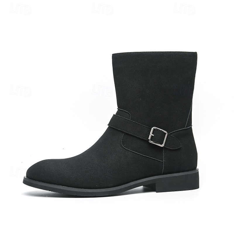 Men's Khaki Faux Suede Mid-Calf Boots with Side Buckle Straps, Retro Cowboy Style Boots for Casual Outfits and Party Occasions 2025 - $54.99 –P3