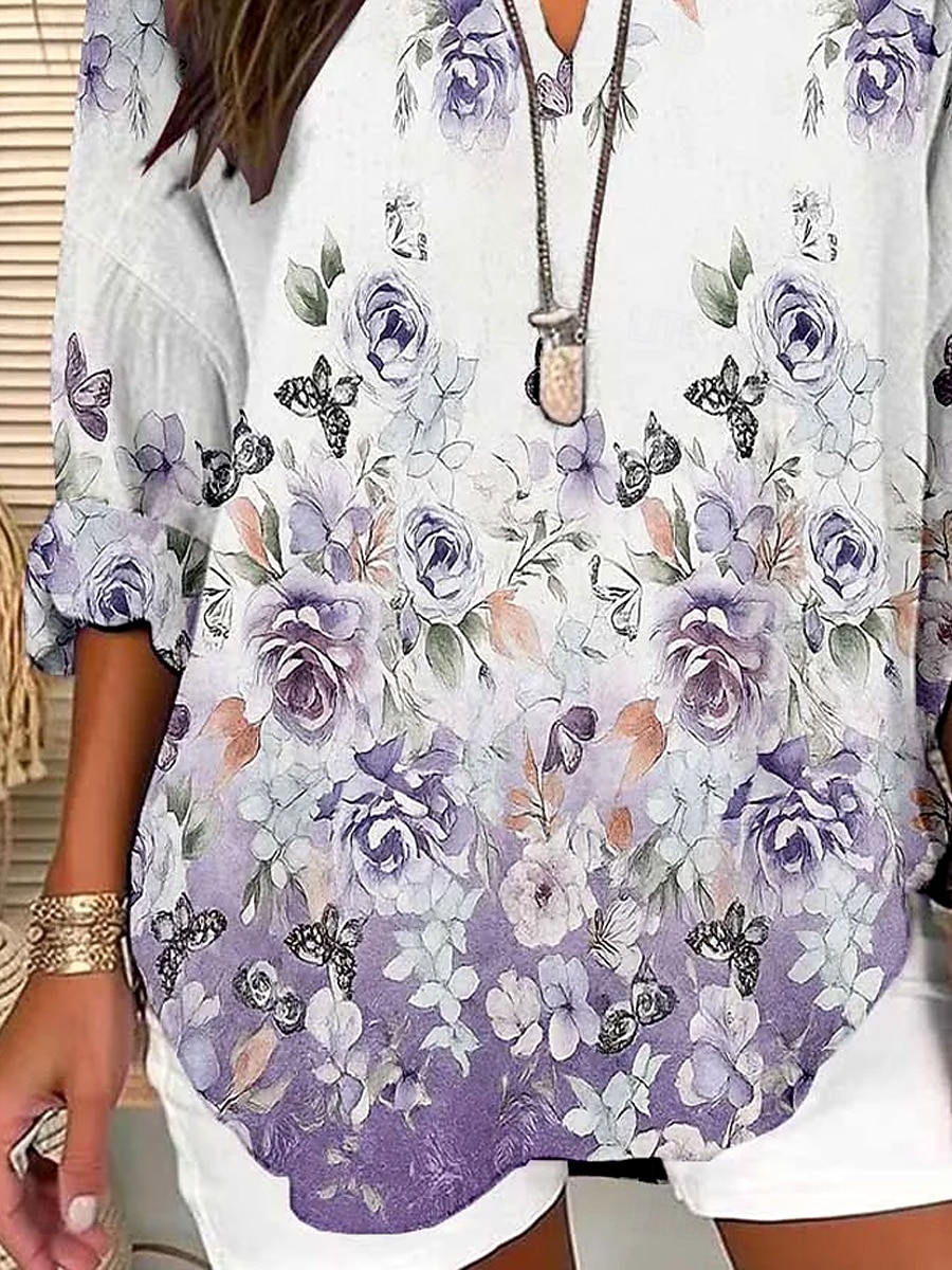 Blusa de Mujer Similar al Lino Transpirable Ligera Floral Gráfico Vintage Diaria Estilosa Manga Larga Cuello en V Cuello Cortado Tops Regulares Ropa Diaria Estampado Púrpura Claro Violeta Primavera 2026 - $32.99 –P3