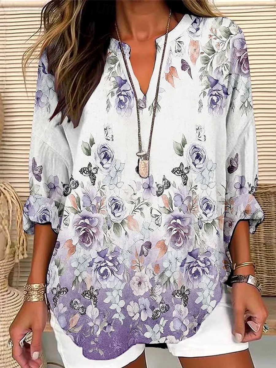 Blusa de Mujer Similar al Lino Transpirable Ligera Floral Gráfico Vintage Diaria Estilosa Manga Larga Cuello en V Cuello Cortado Tops Regulares Ropa Diaria Estampado Púrpura Claro Violeta Primavera 2026 - $32.99 –P1