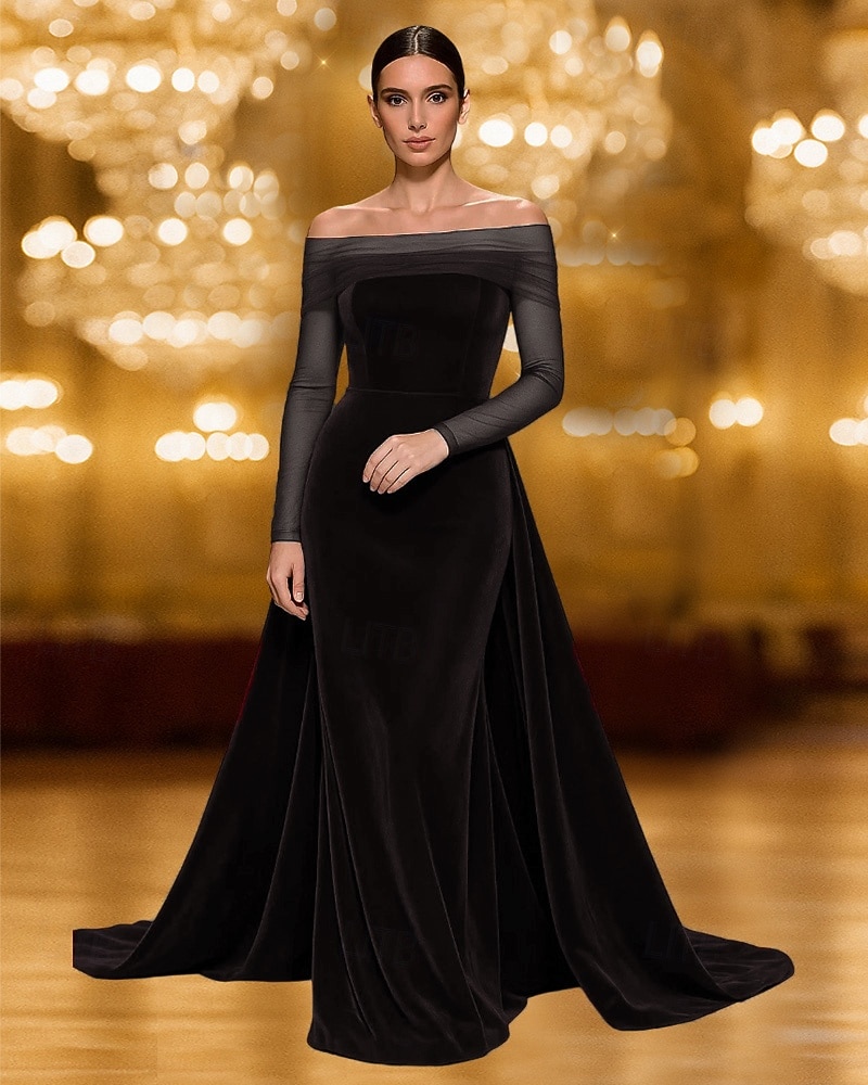 abito da sera in velluto elasticizzato a sirena/tromba con cravatta nera e sopragonna elegante, abito formale da sposa, strascico a ruota, senza maniche, spalle scoperte, tulle 2025 del 2025 a $165.99 –P4