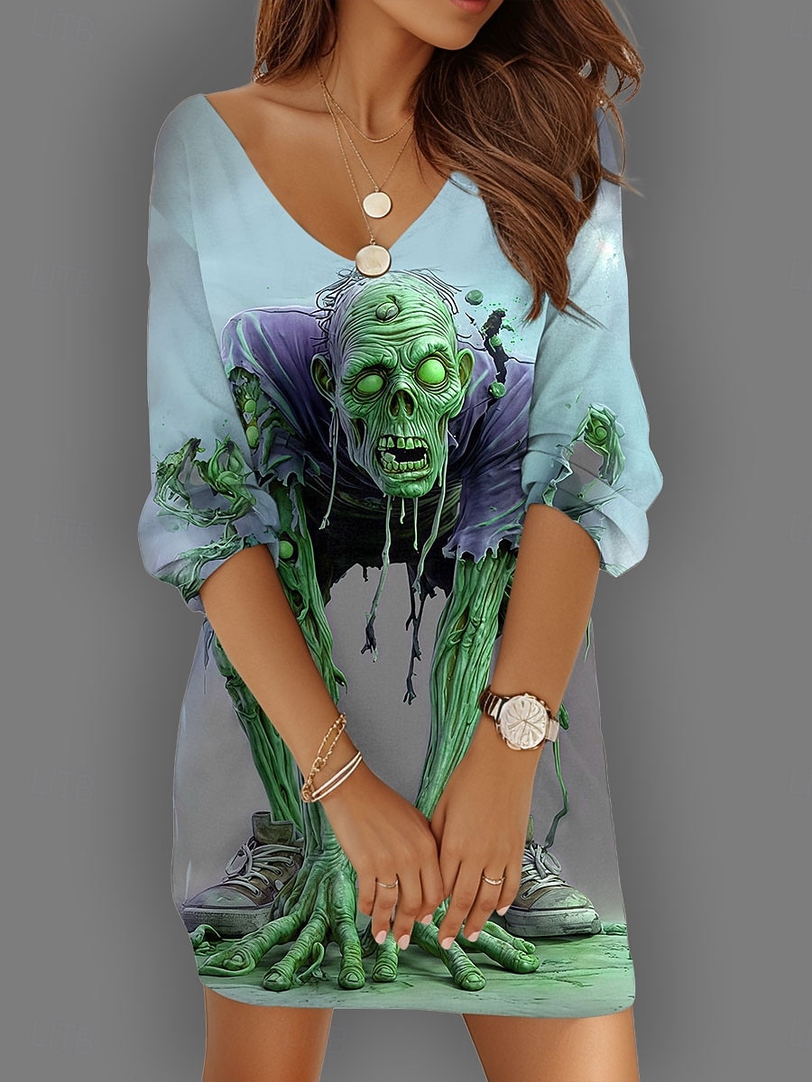 Halloween Női Koponya Nyomtatás Mini Ruha Shift Ruha Vakáció Kényelmes Napi Ünnep Koktél Party Laza Fit Grafika Koponya Hosszú Ujjú V Nyak Sárga Kék Lila Zöld Nyár Tavasz Ősz Ősz 2025 - $28.99 –P4