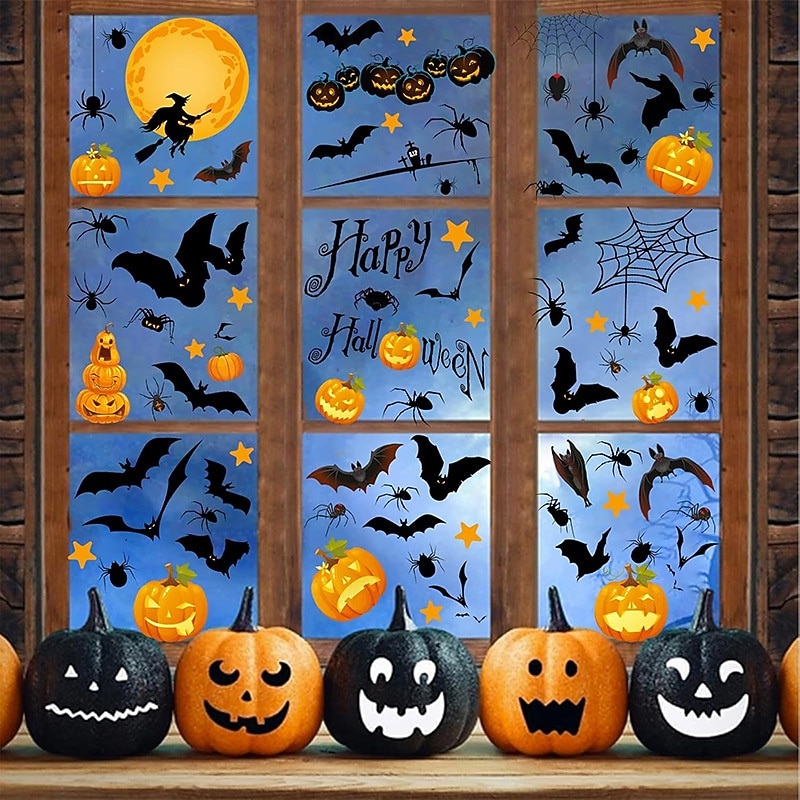 9 archů halloweenských okenních samolepek, statických samolepek s netopýry, dýněmi, černými kočkami, čarodějnicemi, odnímatelných skleněných samolepek do koupelny, domova, kanceláře, dekorací oken na 2025 - $13.49 –P5