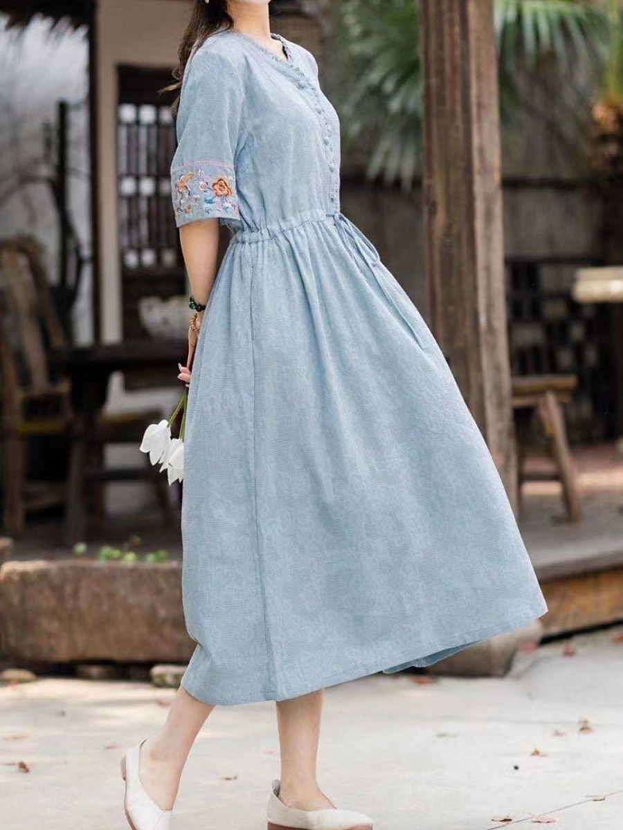 Damen Midikleid Kunstbaumwollleinen A Linie Kleid Lässig Täglich Lässiger Schnitt Blumen Dreiviertelarm V Ausschnitt Blau Weiß Orange Sommer 2026 - $41.99 –P5