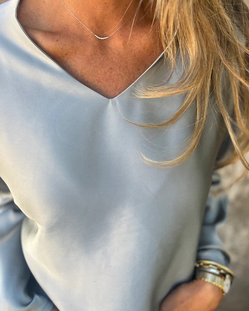 Damen Hemd Bluse Einfach Modern Lässig Langarm V Ausschnitt Normale Oberteile Täglich Ausgehen Schwarz Champagner Braun Aprikose Grau Herbst 2025 - $21.99 –P18