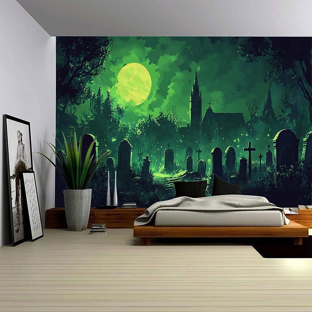 arazzo con sfondo fotografico di Halloween, cimitero cupo, lanterna di zucca e scenario di luna piena, grande murale decorativo per camera da letto, soggiorno, festa e decorazione della casa del 2026 a $17.99 –P5