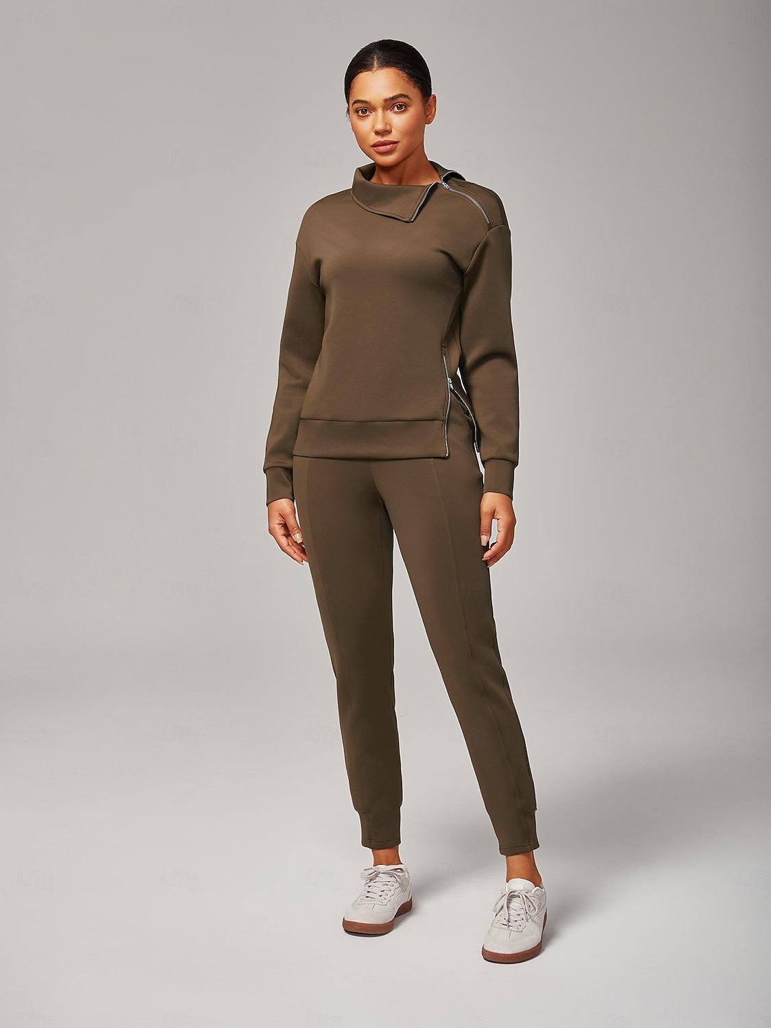 Calça de moletom feminina marrom elástica com zíper e fenda na cintura elástica, estilosa, confortável, casual, diária, trabalho, versátil, outono de 2025 por $72.99 –P2