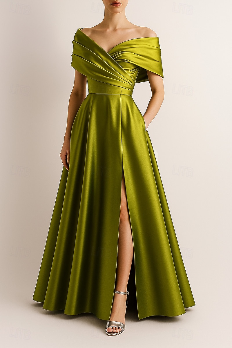 Ligne A Robe de Soirée Élégant Robe de soirée Formel Mariage Longueur au sol Sans manches Épaules Dénudées Satin Extensible avec Plis Froncé Fente 2025 de 2025 ? $154.99 –P1