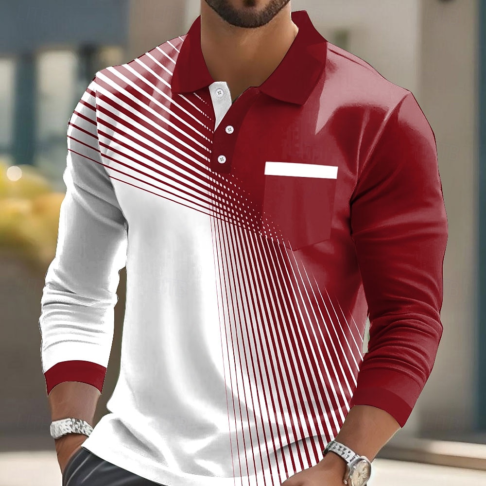 Herr Geometrisk Polo Långärmad Polotröjor Kavajslag Ledigt Business Casual Fritids- Dagliga kläder Ficka 3D-utskrift Knappar Vår Höst Svart Rubinrött Blå 2025 - $21.99 –P5