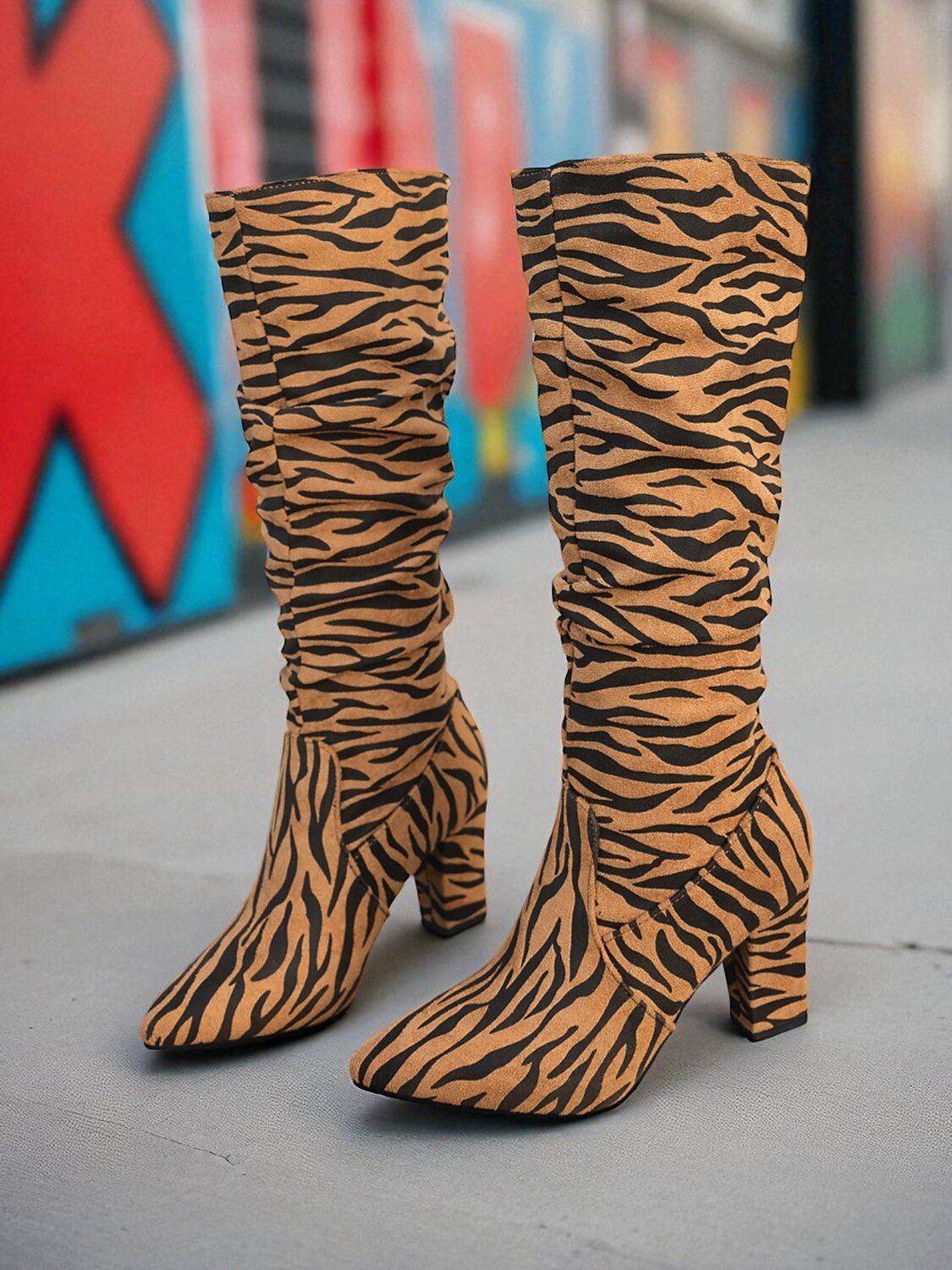 Women's Zebra - Striped Slouchy Knee - High Block Heel Boots - Edgy Streetwear Shoes for Casual Hangouts and Night Events 2026 - $46.99 –P1