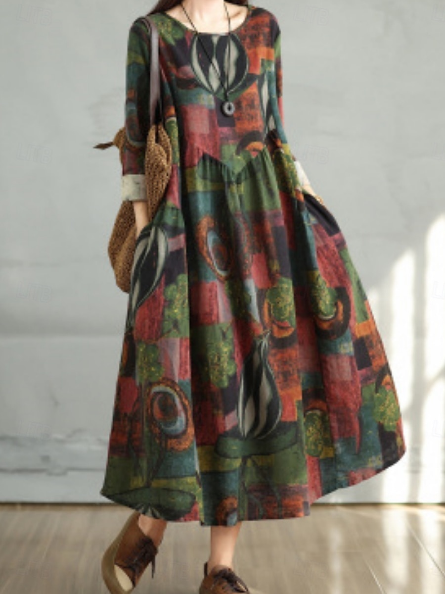 Femmes Robe maxi Robe trapèze Occasionnel Quotidien Coupe régulière Fleuri manche longue Col ras du cou Bleu marine Rouge Vert foncé Marron Été Automne de 2025 ? $36.99 –P4