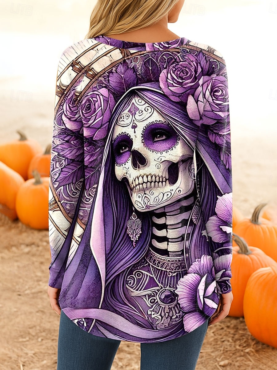 Halloween Dame T skjorte Grafisk Hodeskaller Årgang Stilfull Fritid Langermet Crew-hals Lange topper Daglig Trykt mønster Rød Lilla Oransje Kakifarget Vår Høst 2025 - $24.99 –P2