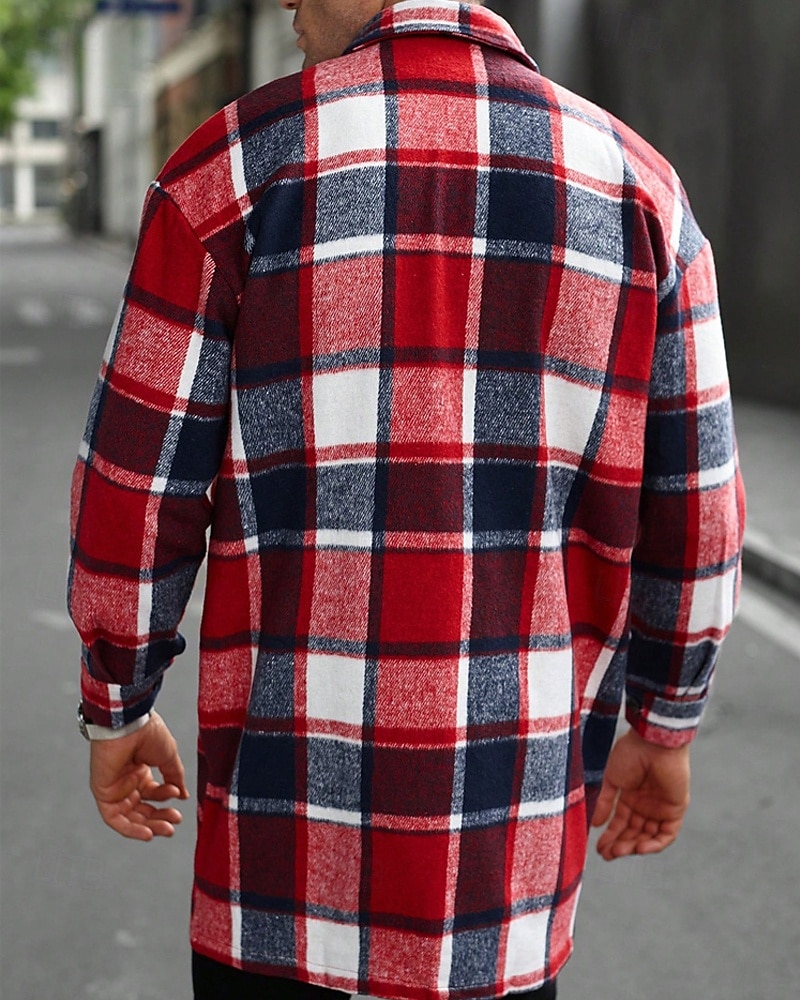 Herren Leichte Jacke Hemdjacke Freizeitjacke Jacke-Shirt Urlaub Täglich Thermowarm Tasche Frühling Herbst Karomuster Mode Klassisch Revers Regulär Schwarz Wein Orange Khaki Armeegrün Jacken 2025 - $42.99 –P9