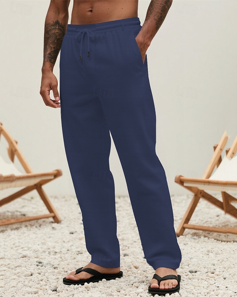 Herr Linne Byxor Långbyxor Sommarbyxor Strandbyxor Snörning Ficka Elastisk midja Slät Komfort Andningsfunktion Semester Dagligen Helgdag Hawaiisk Boho 다크 카키 Svart 2025 - $17.99 –P10