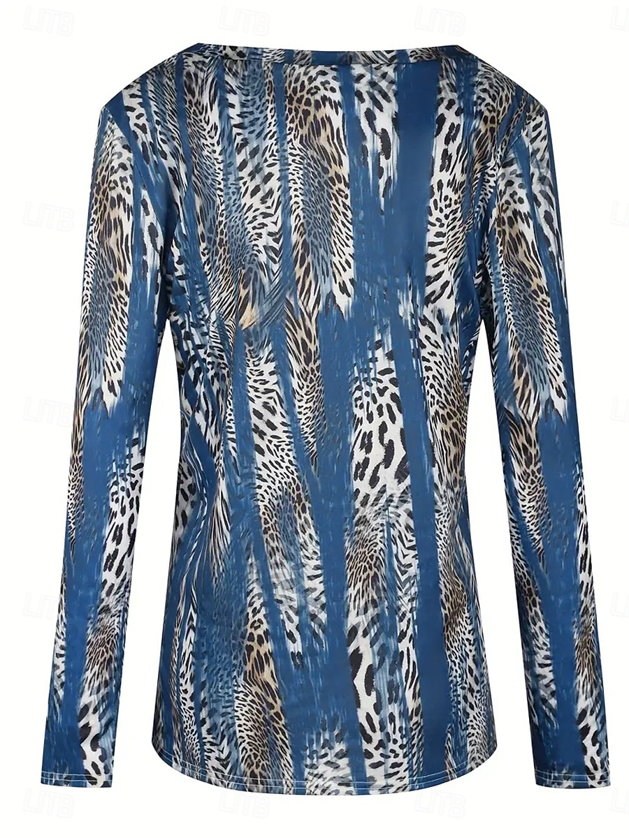 Femmes T-shirt Graphique Léopard ancien Élégant Occasionnel manche longue Col en V Hauts Réguliers Quotidien Imprimé Bleu Printemps Automne de 2025 ? $22.99 –P2