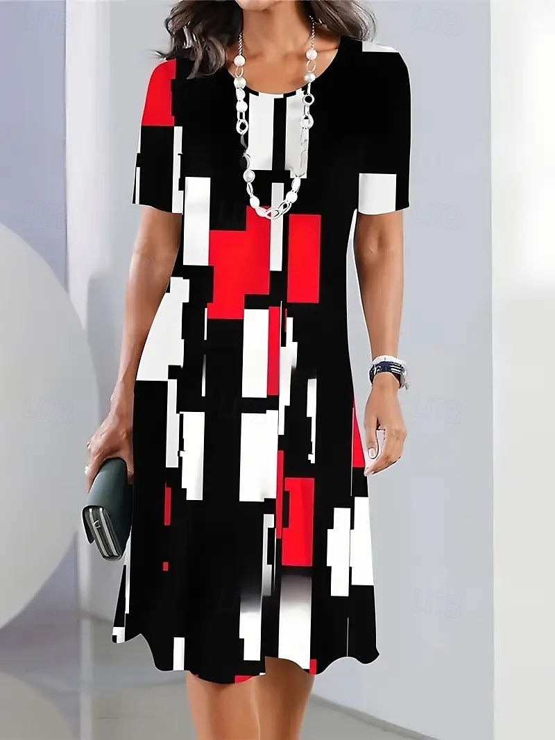 Elegantní dámské večerní midi šaty s krátkým rukávem a výstřihem do krku A-line šaty ležérní boho každodenní regular fit grafika geometrická károvaná černá léto jaro podzim 2025 - $21.99 –P1