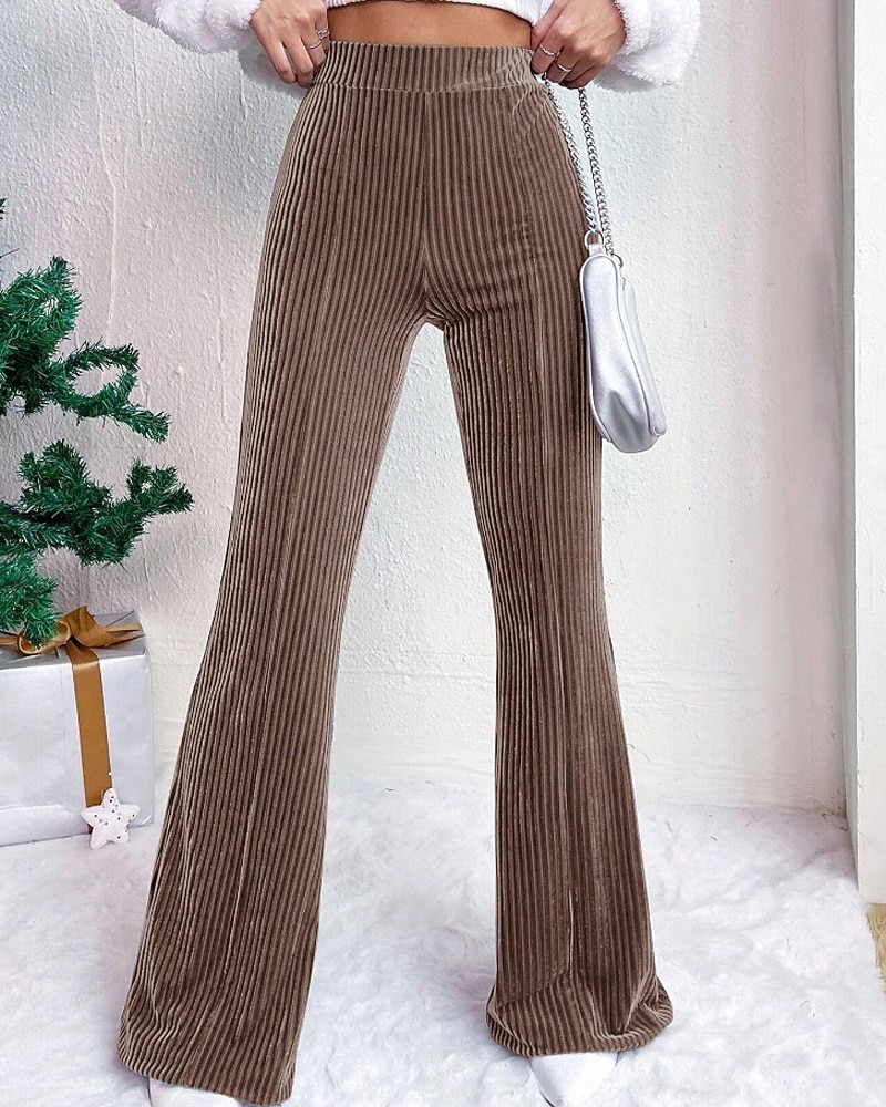 Mulheres Perna larga Calças de Veludo Calças Roupa de rua Casual Comprimento total Natural Tecido Cintura elástica Confortável Ao ar livre Férias Para Noite Vinho Pavão Azul Rosa claro cáqui Outono de 2026 por $22.99 –P5